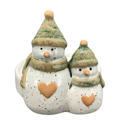 Kerzenhalter Schneemann, Keramik Kerzenständer: großer und kleiner Schneemann mit Herz