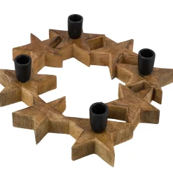 Kerzenhalter Sternenkranz, Holz-Metall-Kerzenhalter für 4 Stabkerzen in Sternform, natur-schwarz