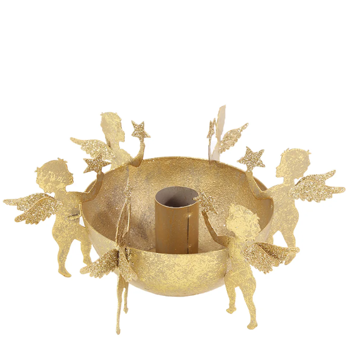 Kerzenständer Engel, Kerzenschale Engel mit Sterne, Metallschale mit Stabkerzenhalter gold used look, Ø18cm