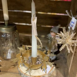 Kerzenständer Engel, Kerzenschale Engel mit Sterne, Metallschale mit Stabkerzenhalter gold used look, Ø18cm