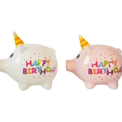 Kleine Spardose Party Schweinchen Happy Birthday, Sparschwein weiß mit Partyhut, Keramikspardose