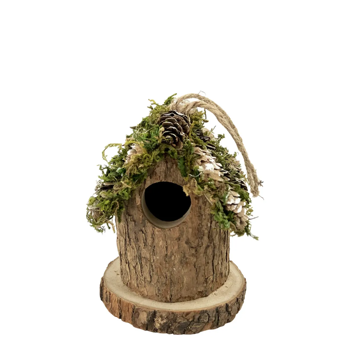 Kleines Deko Vogelhäuschen Natur, Holzhäuschen rund mit Moos, Naturholz und Zapfen, 9x10cm