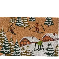 Kokos Fussmatte Winter, Skifahrer und Berghütten, Winterwald, 60x40cm