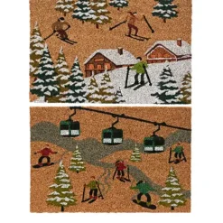 Kokos Fussmatte Winter, Skifahrer und Berghütten, Winterwald, 60x40cm