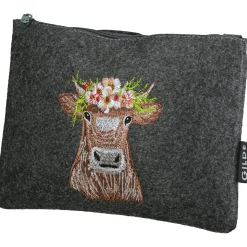 Kosmetiktasche Kuh Adelheid, Filztäschen mit Reißverschluß und Kuhmotiv bestickt, 20x15cm, Gilde