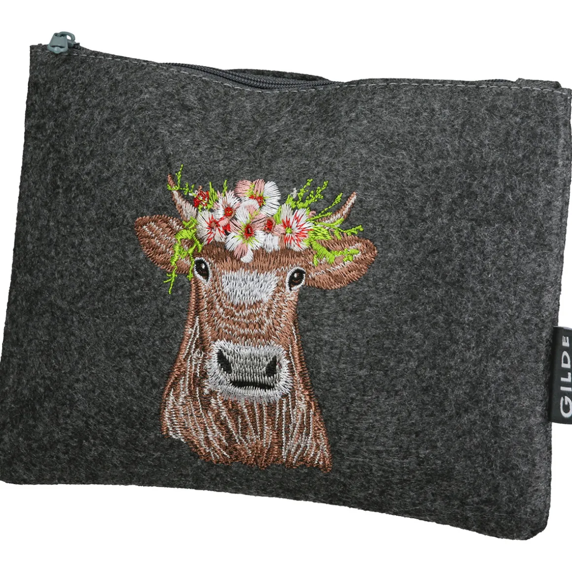 Kosmetiktasche Kuh Adelheid, Filztäschen mit Reißverschluß und Kuhmotiv bestickt, 20x15cm, Gilde