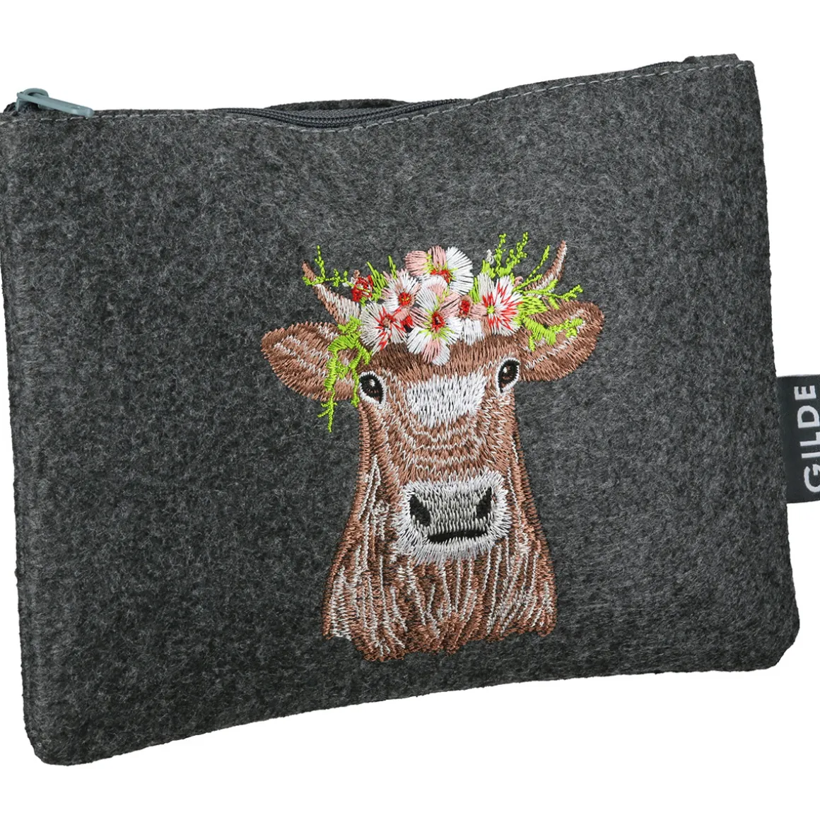 Kosmetiktasche Kuh Adelheid, Filztäschen mit Reißverschluß und Kuhmotiv bestickt, 20x15cm, Gilde