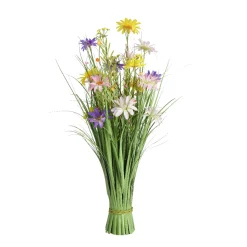 Kunstpflanze Grasbusch mit Sommerblumen gelb-rosa, Stehgras mit Blüten, 70cm