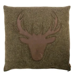 Landhaus Loden Kissen "Johann" großes moosgrünes Filzkissen mit Lederapplikation Hirsch, 52x52cm