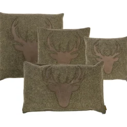 Landhaus Loden Kissen "Johann" kleines moosgrünes Filzkissen mit Lederapplikation Hirsch, 35x35cm