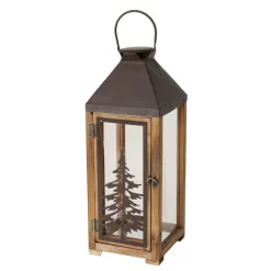 Laterne Finnley, Holzlaterne mit Metalldach und Tannenbaum, 55cm, Boltze Home Collections