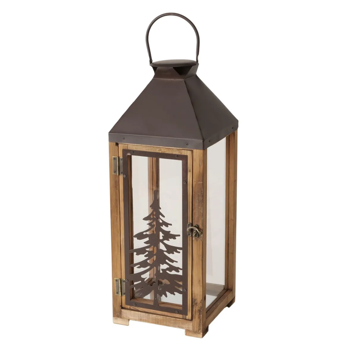 Laterne Finnley, Holzlaterne mit Metalldach und Tannenbaum, 55cm, Boltze Home Collections