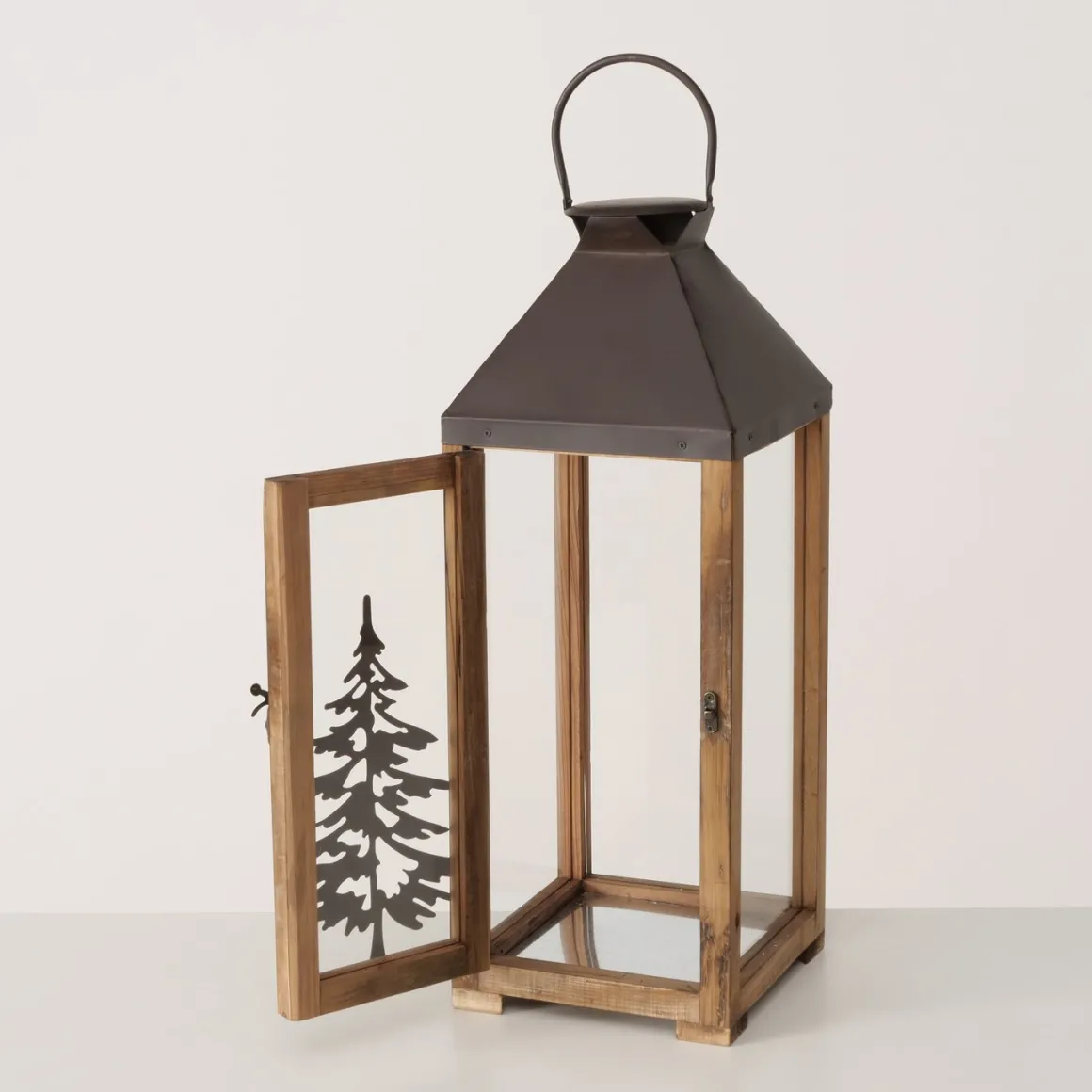 Laterne Finnley, Holzlaterne mit Metalldach und Tannenbaum, 55cm, Boltze Home Collections