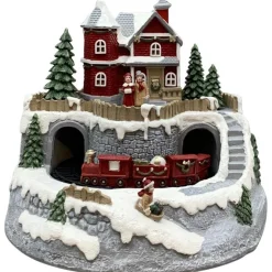 LED Winterlandschaft Noel, Haus und fahrende Eisenbahn, mit Musik und Licht, 20x20x17cm