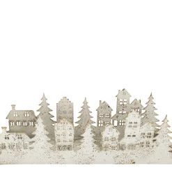 LED Windlicht Häuser und Tannenbäume, Metallwindlicht Winter, cremeweiß, 17cm