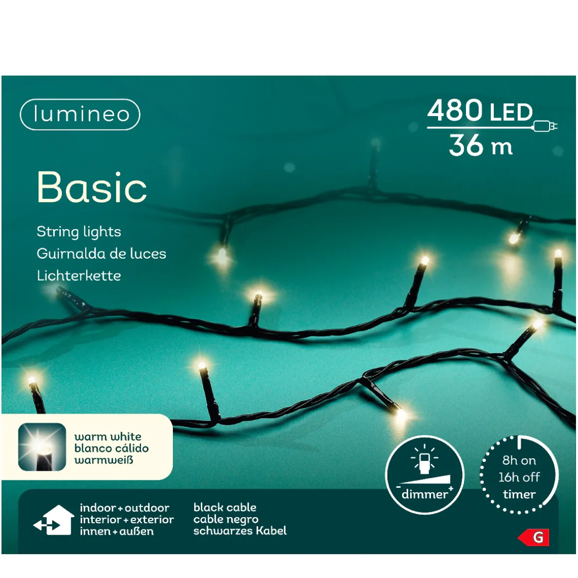 Lichterkette basic, warmes weiß, 480 LED, 36 Meter, Outdoor, Lumineo