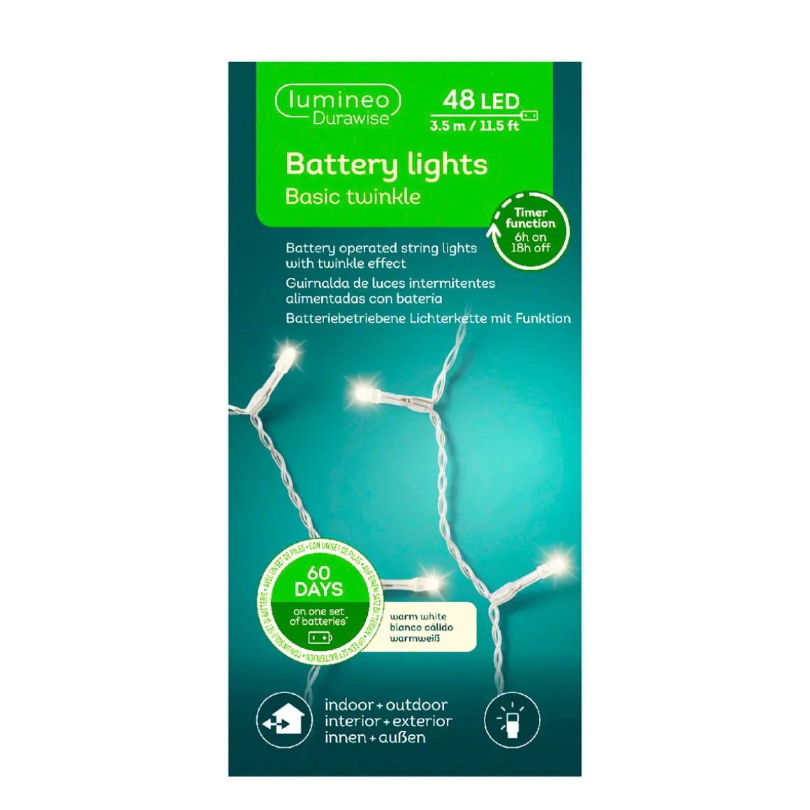 Micro LED Lichterkette, warmes weiß, 48 LED, 350cm, Batteriebetrieb, Lumineo