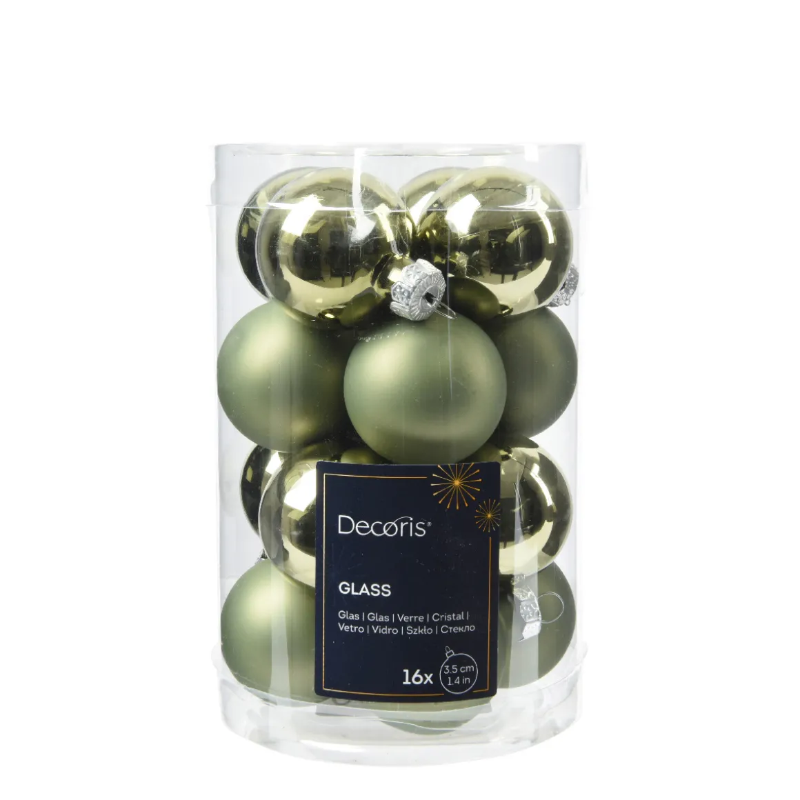 Mini Weihnachtsbaumkugeln aus Glas, rosmaringrün glanz/matt, Ø3,5cm, 16St/Box, Decoris