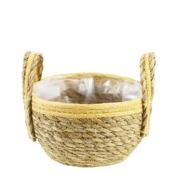 Pflanzkorb Seegras natur-helles orange, Übertopf mit Henkel, Naturkorb mit Folie ausgekleidet, 15x20