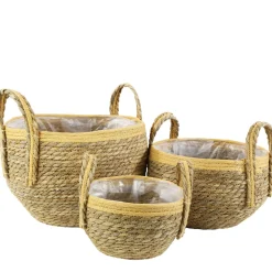 Pflanzkorb Seegras natur-helles orange, Übertopf mit Henkel, Naturkorb mit Folie ausgekleidet, 23x30