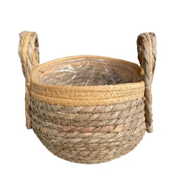 Pflanzkorb Seegras natur-helles orange, Übertopf mit Henkel, Naturkorb mit Folie ausgekleidet, 18x25