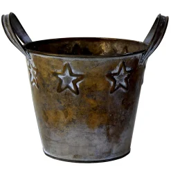 Pflanztopf Sterne Antik, Übertopf mit Henkel und Sterne, used look braun-gold, 16x12cm