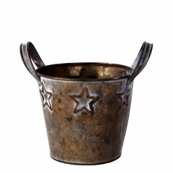 Pflanztopf Sterne Antik, Übertopf mit Henkel und Sterne, used look braun-gold, 14x11cm