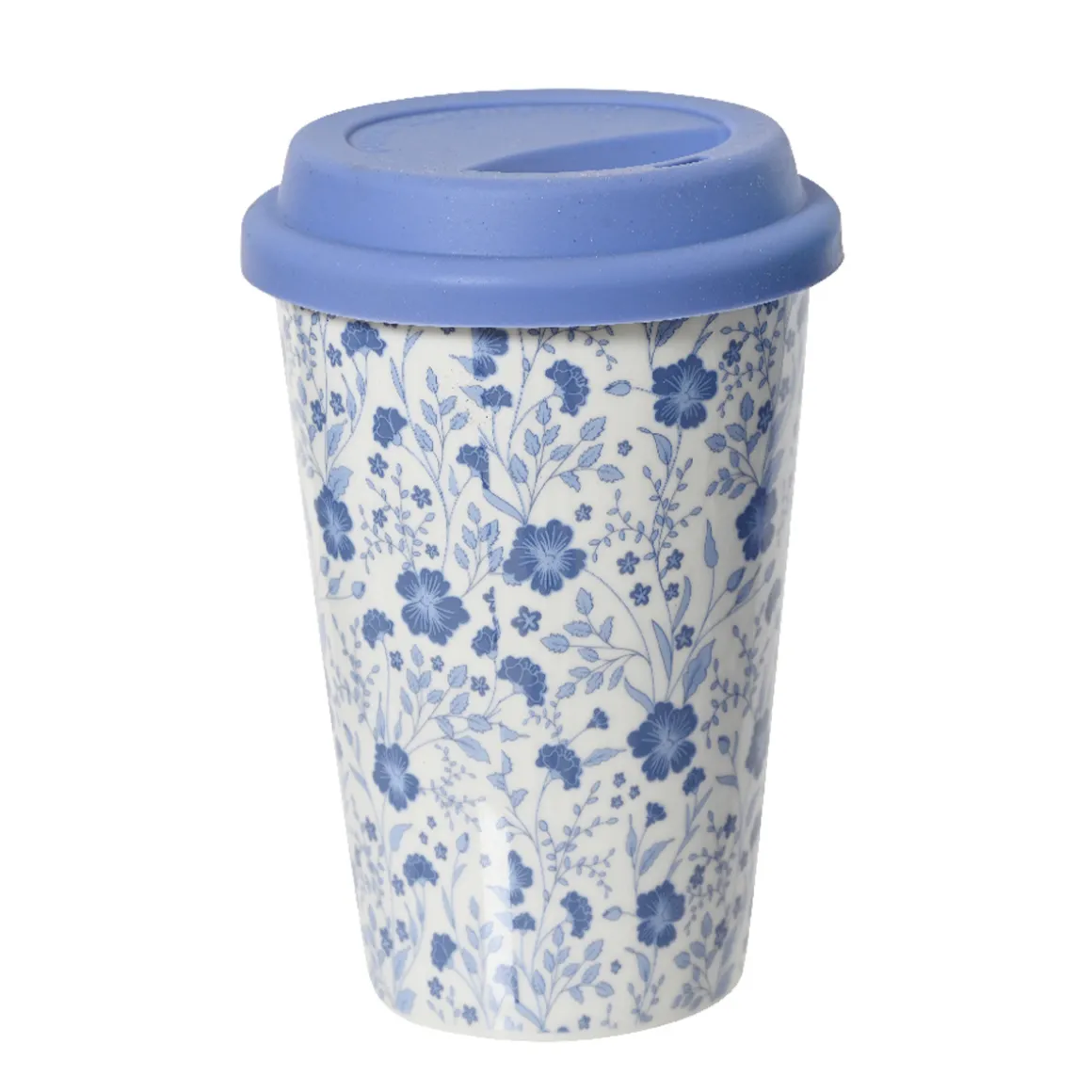 Porzellanbecher Blümchen To Go, Becher mit Deckel, blau-weißes Blumenmuster