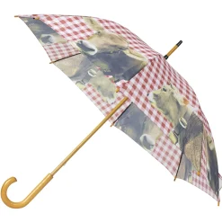 Regenschirm Kuh, Schweizer Kuh mit Glocke, Karomuster rot, 105cm, Holzgriff, Mars & More