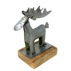 Rentier used look, rustikaler Metallhirsch auf Holzklotz, 13x20cm