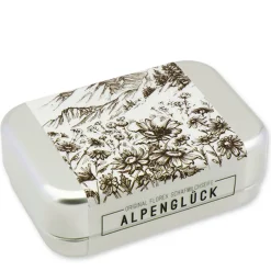 Schafmilchseife Alpenglück eckig, in einer Seifendose mit Berg- und Blumen Motiv, 100g, Florex