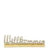 Schriftzug Willkommen, Aufsteller aus Holz mit silbernem Schriftzug, 35cm