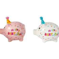 Spardose Party Schweinchen Happy Birthday, Sparschwein rosa mit Partyhut, Keramikspardose