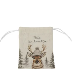 Stoffbeutel Frohe Weihnachten, Jutesäckchen mit Winter-Hirsch, 16x19cm