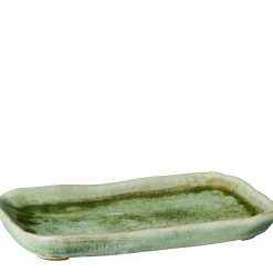 Tablett moosgrün, rustikale Steingutschale länglich, 20cm, Ib Laursen
