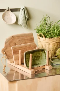 Tablett moosgrün, rustikale Steingutschale länglich, 20cm, Ib Laursen