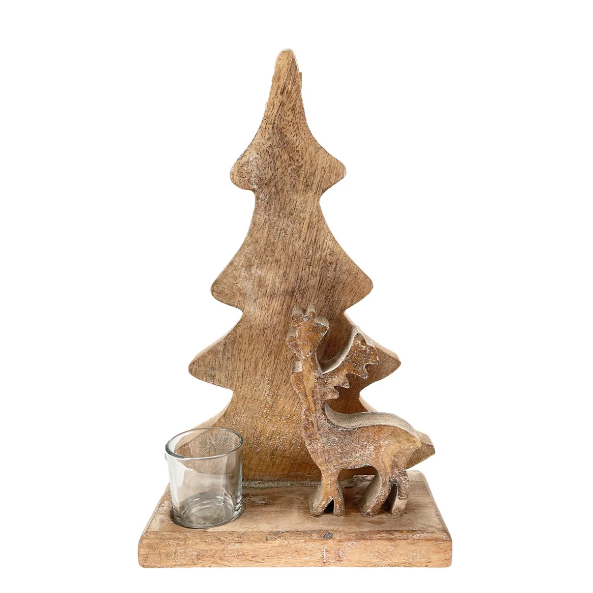 Teelichthalter Tannenbaum, Holzbaum mit Hirsch und Teelichtglas, 35cm