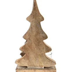 Teelichthalter Tannenbaum, Holzbaum mit Hirsch und Teelichtglas, 35cm