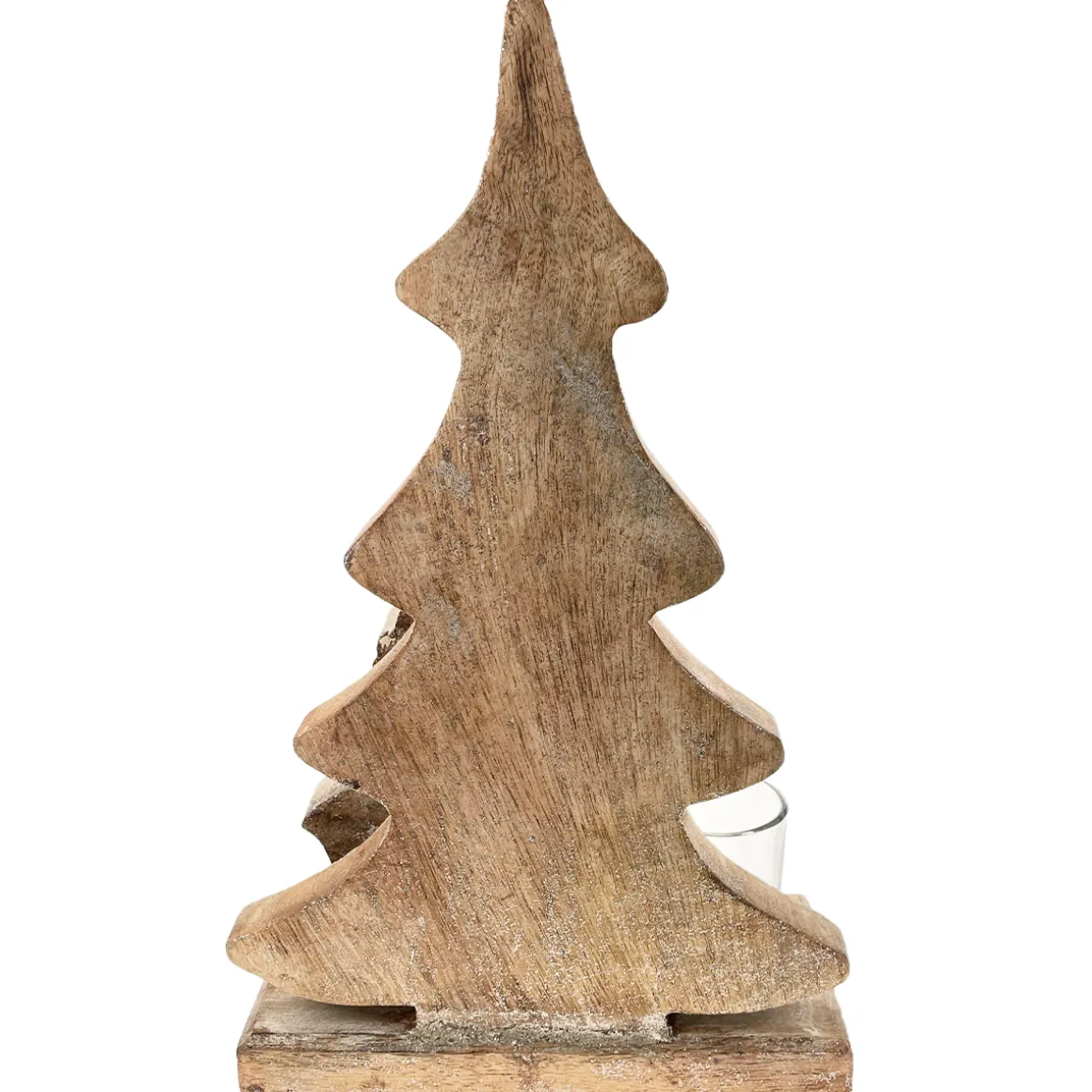 Teelichthalter Tannenbaum, Holzbaum mit Hirsch und Teelichtglas, 35cm