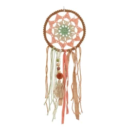 Traumfänger Boho gehäckelt, Dreamcatcher mit Pompons und Schnüre, braun-lachs