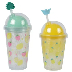 Trinkbecher Space gelb, Erdbeeren und Zitronen, 17x10cm, Kunststoff