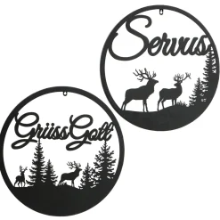 Wandobjekt Hirsch Ludwig, Metallschild mit Spruch: Grüss Gott, Ø50cm, Boltze Home Collections