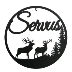 Wandobjekt Hirsch Ludwig, Metallschild mit Spruch: Servus, Ø50cm, Boltze Home Collections