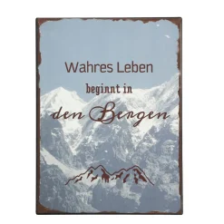 Wandschild Berge, Metallschild: Wahres Leben beginnt in den Bergen, 40x30cm, Boltze Home Collections