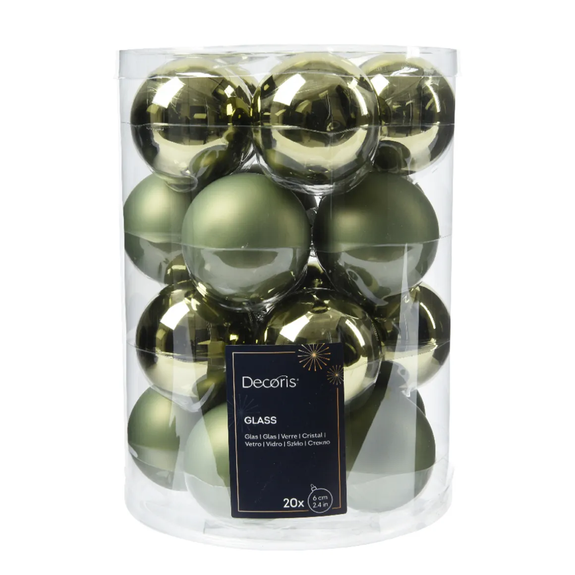 Weihnachtsbaumkugeln aus Glas, rosmaringrün glanz/matt, Ø6cm, 20St/Box, Decoris