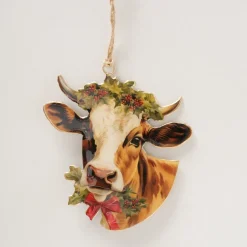 Weihnachtshänger Kuh Vanas, Emaillehänger Rind mit Schleife und Mistelkranz, Boltze Home Collections