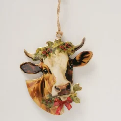 Weihnachtshänger Kuh Vanas, Emaillehänger Rind mit Schleife und Mistelkranz, Boltze Home Collections
