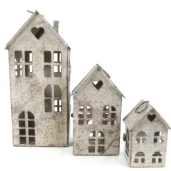 Windlicht Haus mit Herz, Metallhaus grau antik used look, 17x36cm