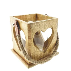 Windlicht Herz Natur, Holzlaterne mit Jutegriff, 17x15cm, Mangoholz