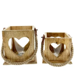 Windlicht Herz Natur, Holzlaterne mit Jutegriff, 17x15cm, Mangoholz